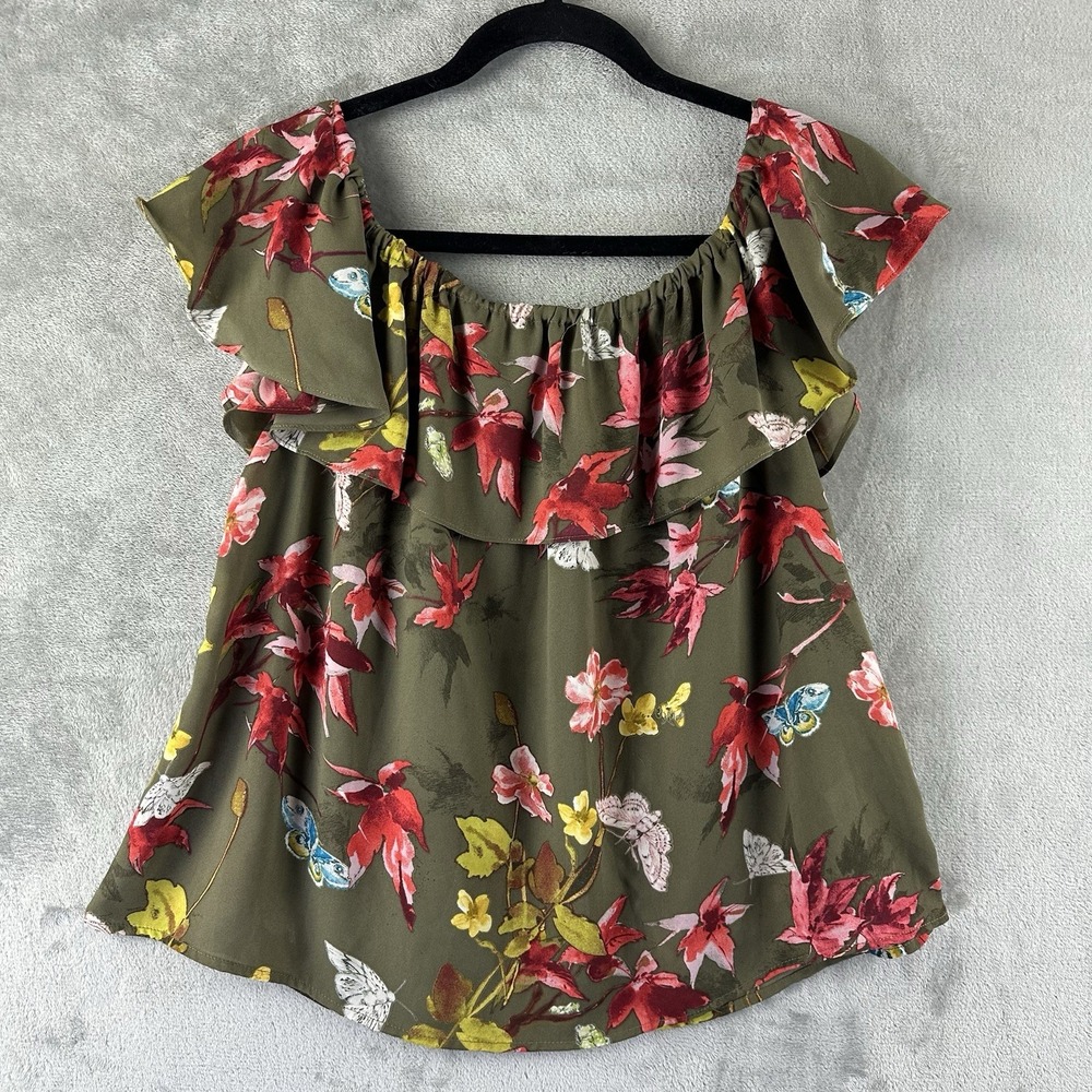 Maeve Anthropologie Blouse Women's S Green Floral Off Shoulder Ruffle Butterfly - Picture 1 of 9